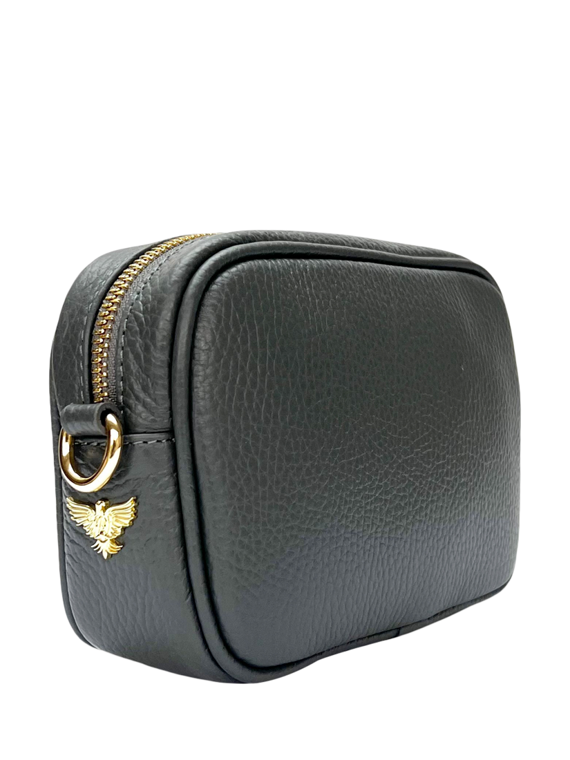 Product image 2 of 5, which shows Apatchy London The Mini Tassel Leather Crossbody Bag, Dark Grey