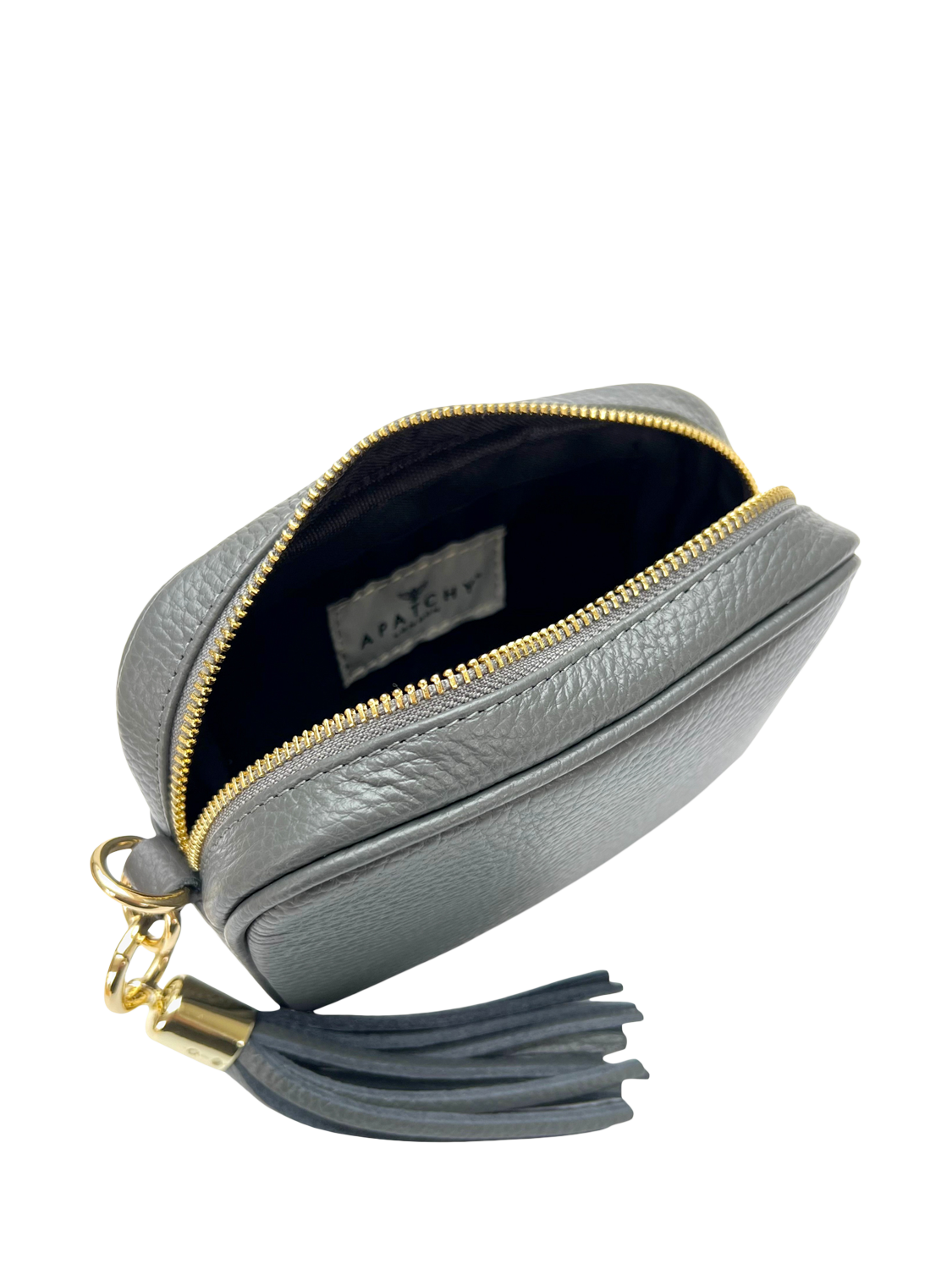 Product image 3 of 5, which shows Apatchy London The Mini Tassel Leather Crossbody Bag, Dark Grey