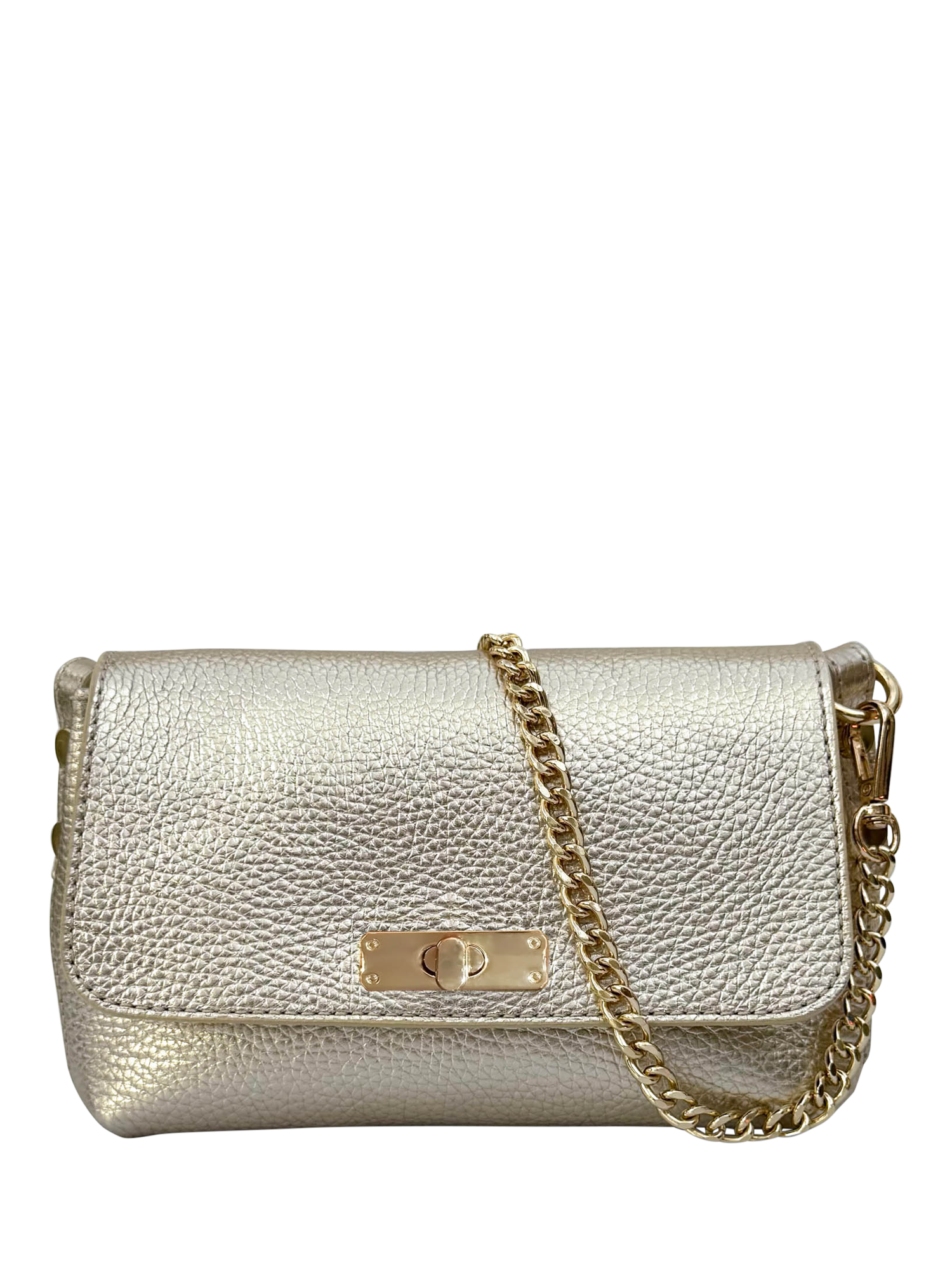 Product image 1 of 8, which shows Apatchy London The Maisie Leather Crossbody Bag, Gold