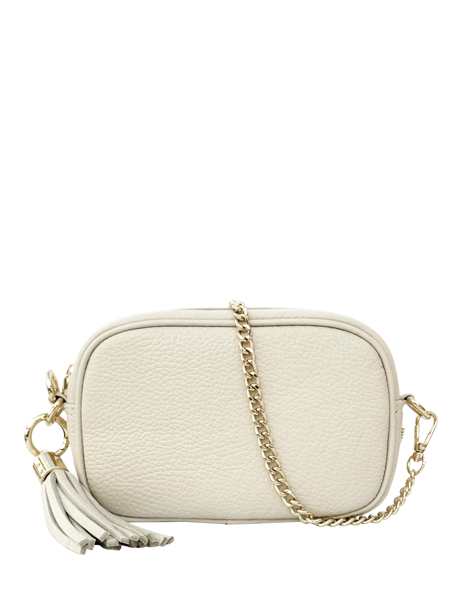 Product image 1 of 7, which shows Apatchy London The Mini Tassel Leather Crossbody Bag, Stone
