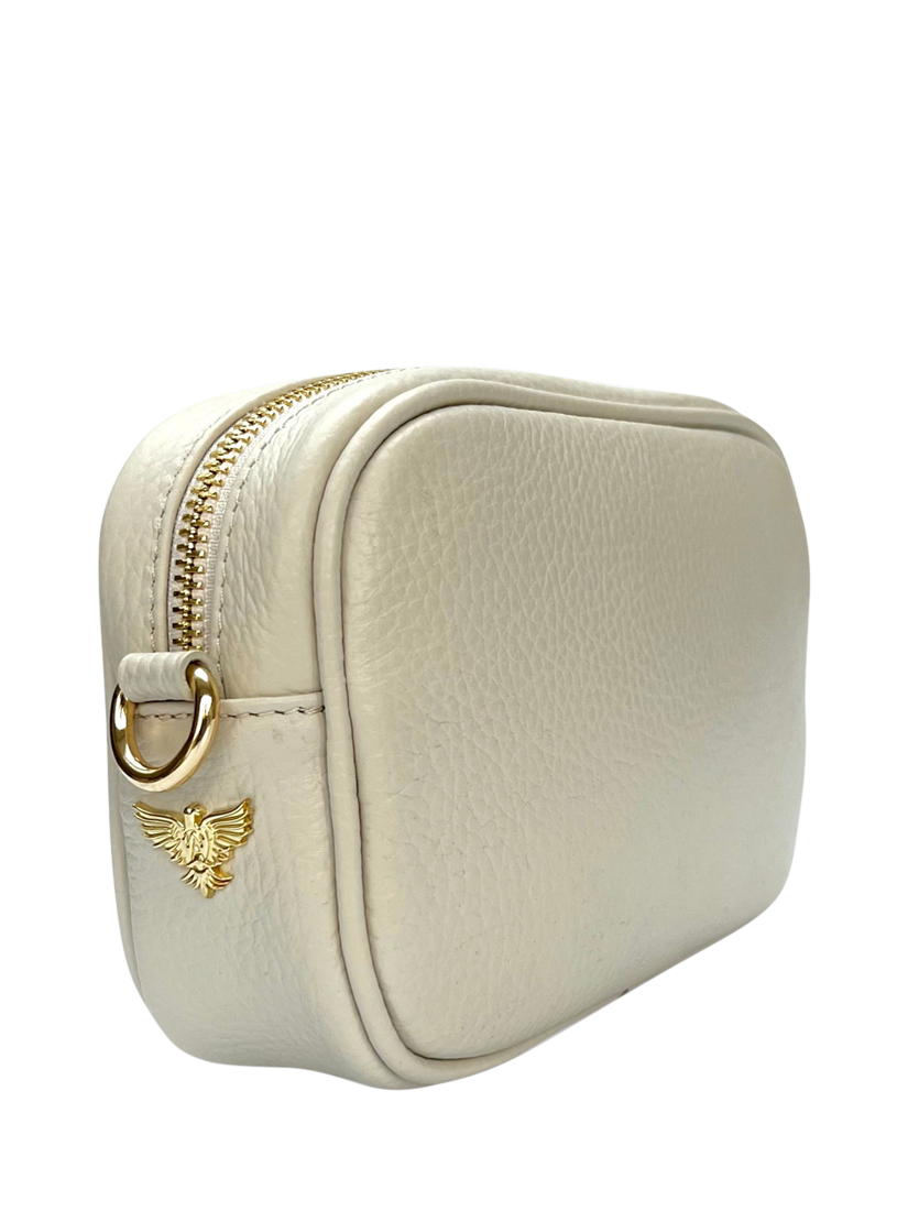 Product image 3 of 7, which shows Apatchy London The Mini Tassel Leather Crossbody Bag, Stone