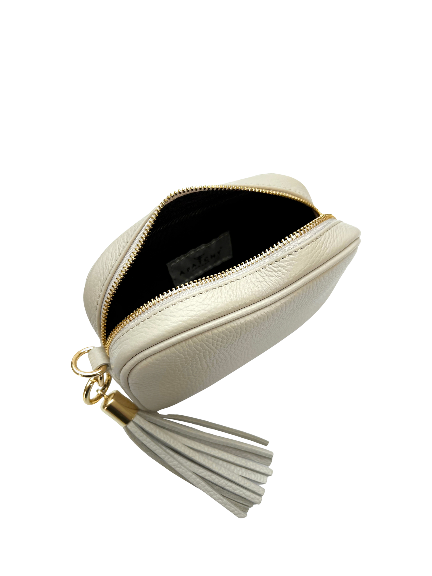 Product image 4 of 7, which shows Apatchy London The Mini Tassel Leather Crossbody Bag, Stone
