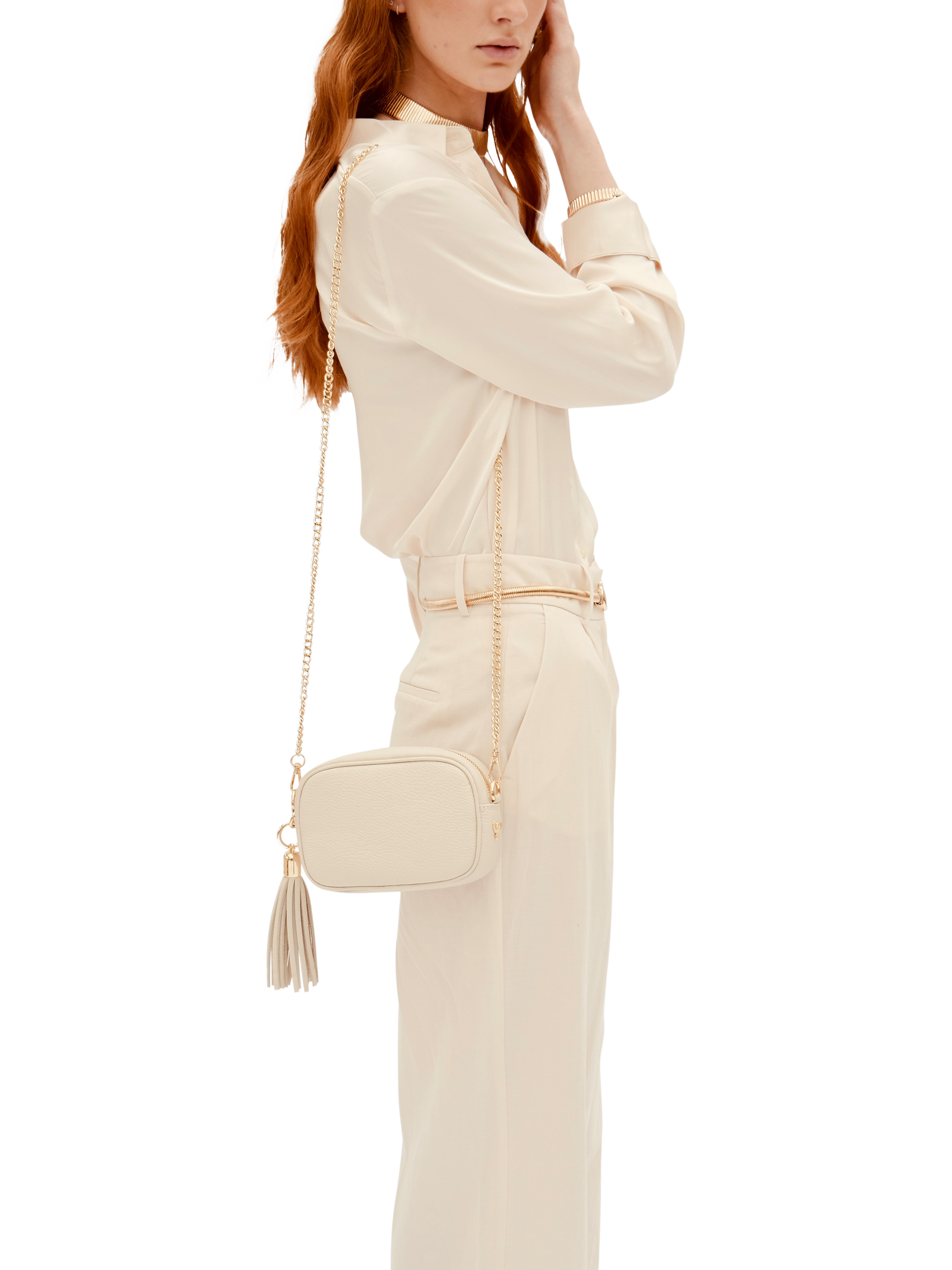 Product image 6 of 7, which shows Apatchy London The Mini Tassel Leather Crossbody Bag, Stone