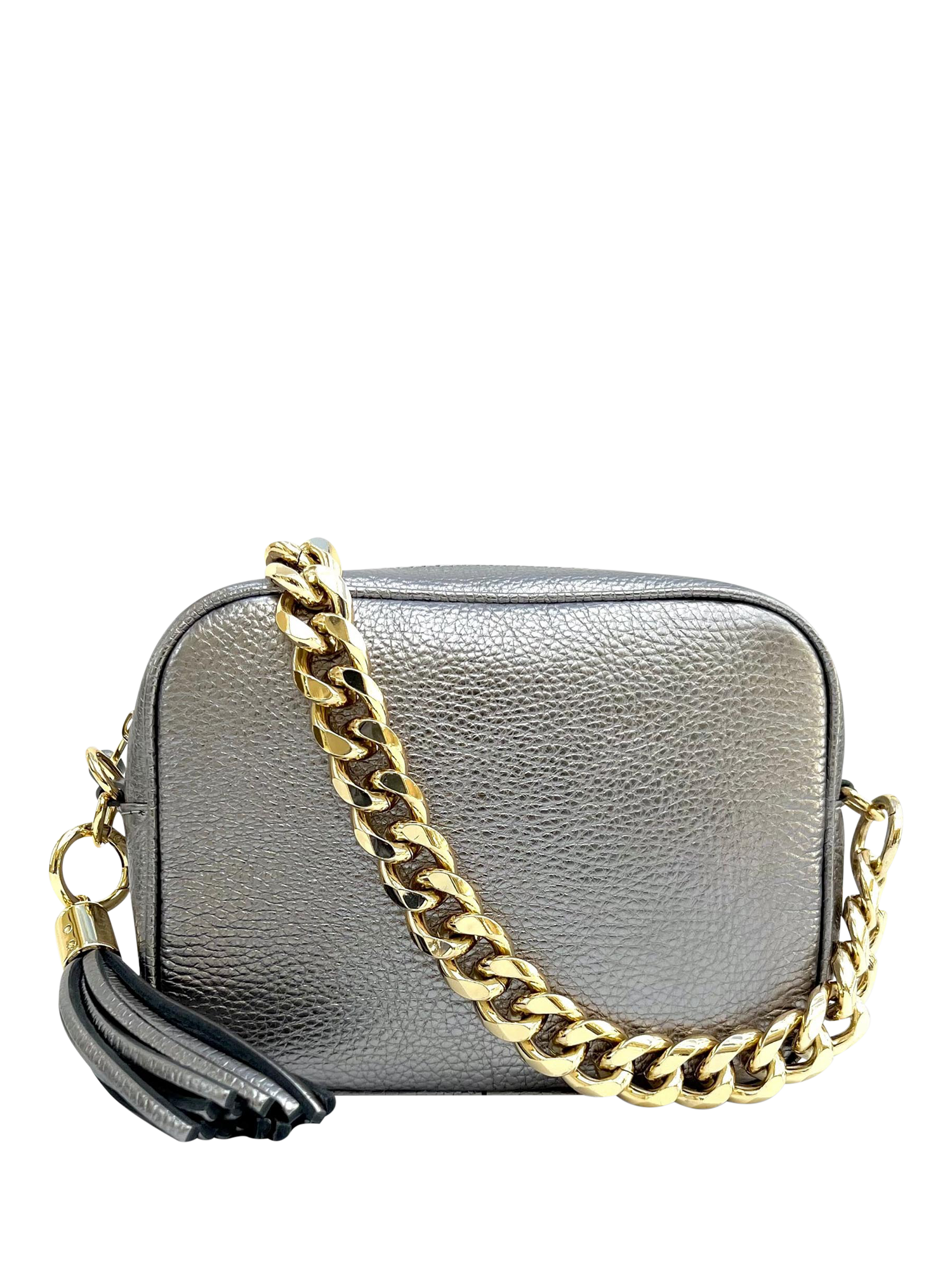 Product image 1 of 6, which shows Apatchy London Chain Strap Leather Camera Bag, Pewter