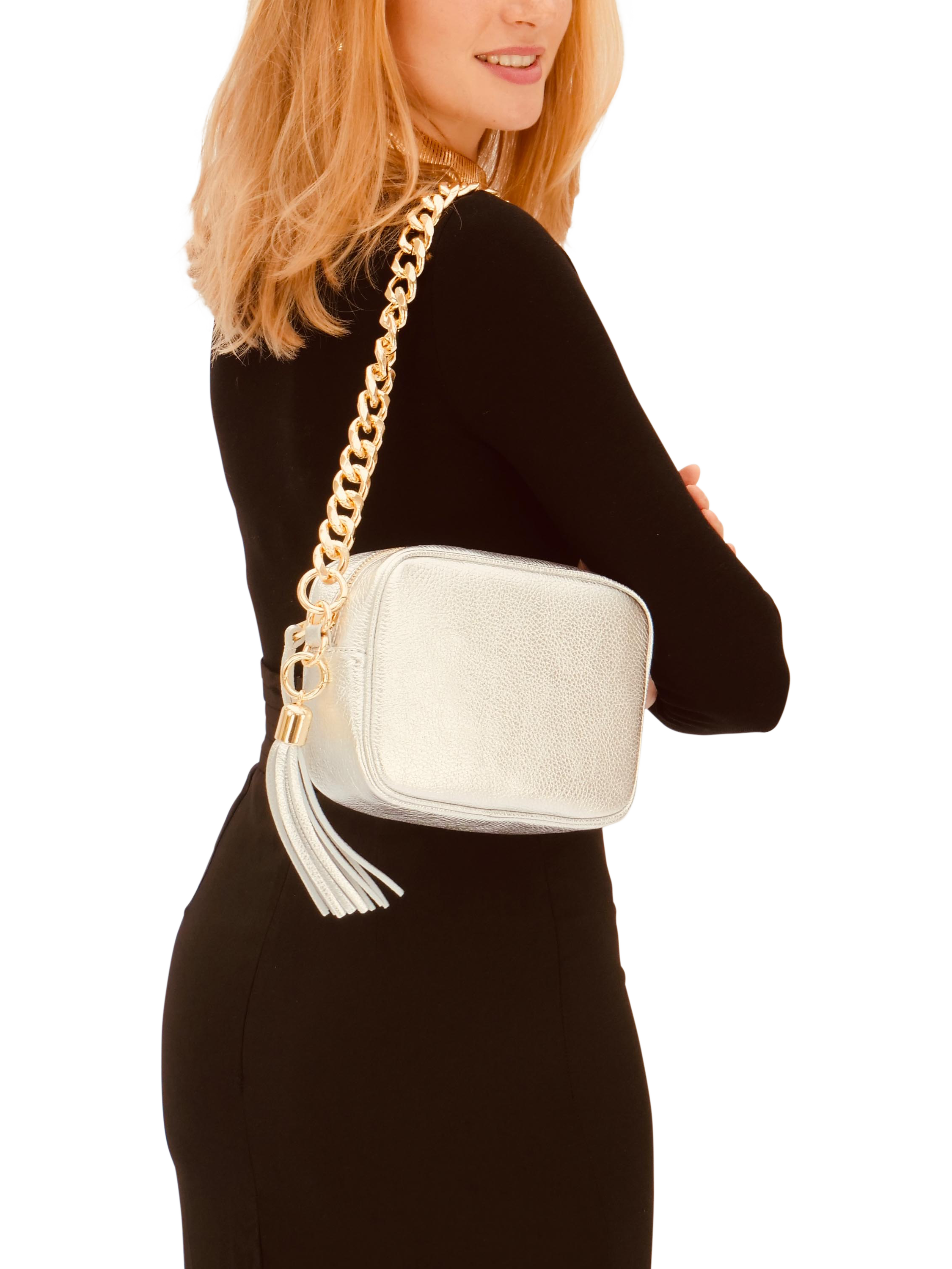 Product image 5 of 5, which shows Apatchy London Chain Strap Leather Camera Bag, Silver