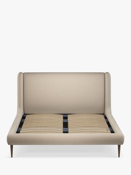 John Lewis Mid-Century Sweep Upholstered Bed Frame, Double - view 2, Brushed Tweed Beige
