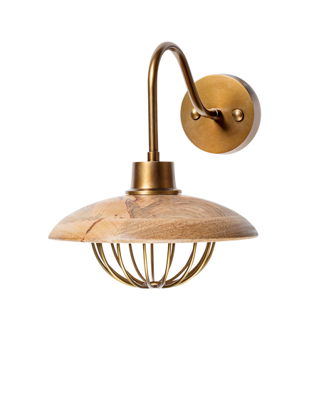 nkuku Chakai Mango Wood Shade Wall Light, Natural, Antique Brass