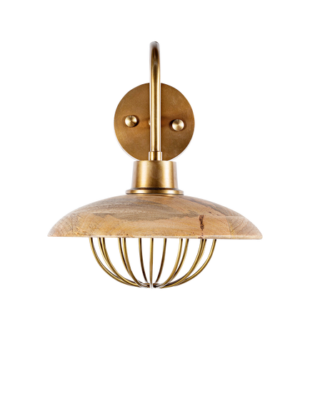 nkuku Chakai Mango Wood Shade Wall Light, Natural - view 2, Antique Brass