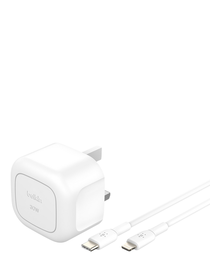 Belkin BoostCharge Compact 30W USB-C Wall Charger & USB-C to Lightning Cable, 1m, White, White