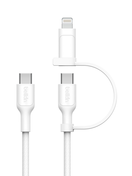 Belkin 2-in-1 USB-C and Lightning Cable, White, White