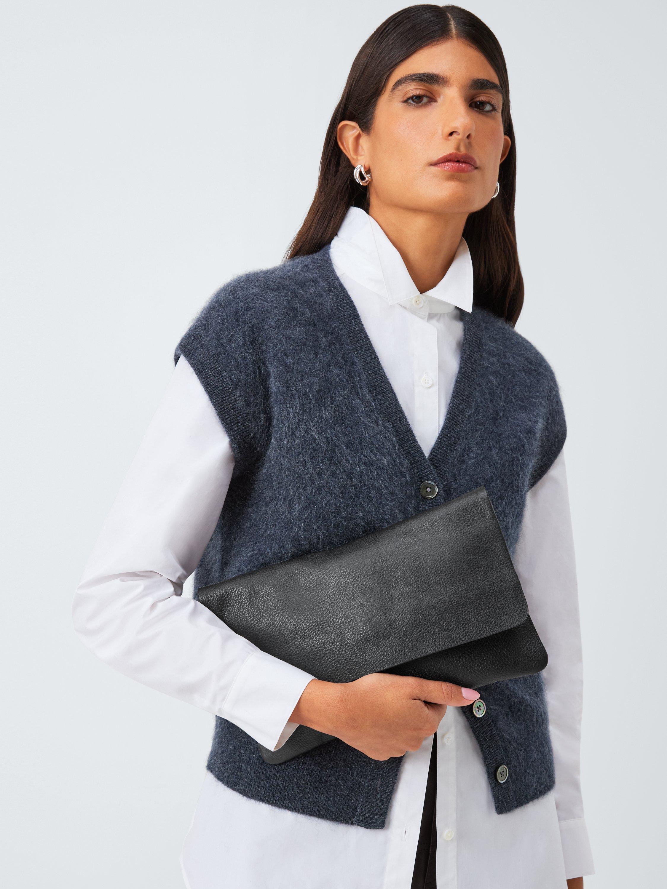 Product image 1 of 6, which shows John Lewis Leather Fold Over Clutch Bag, Black