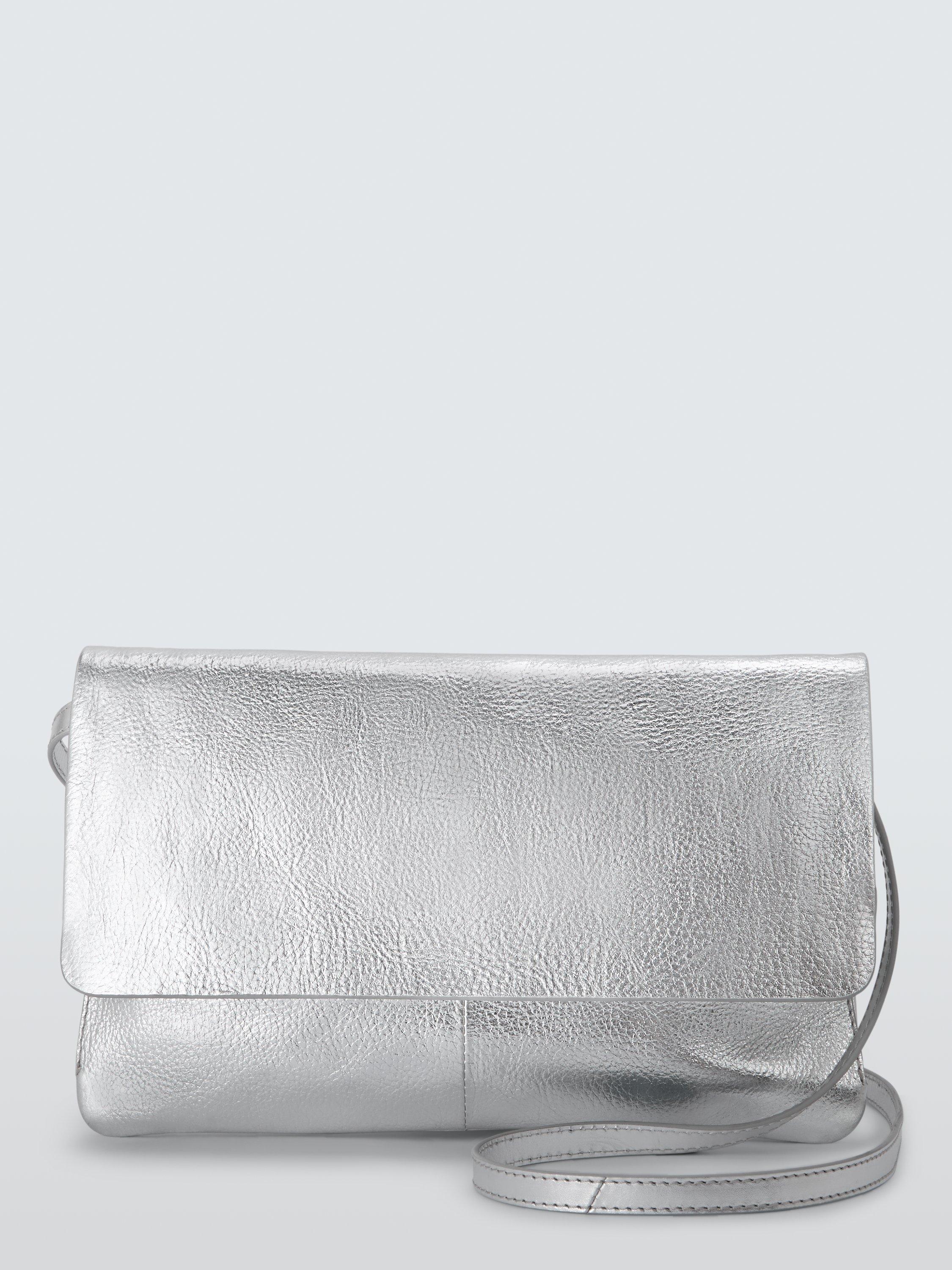 Product image 1 of 6, which shows John Lewis Metallic Leather Fold Over Clutch Bag, Silver
