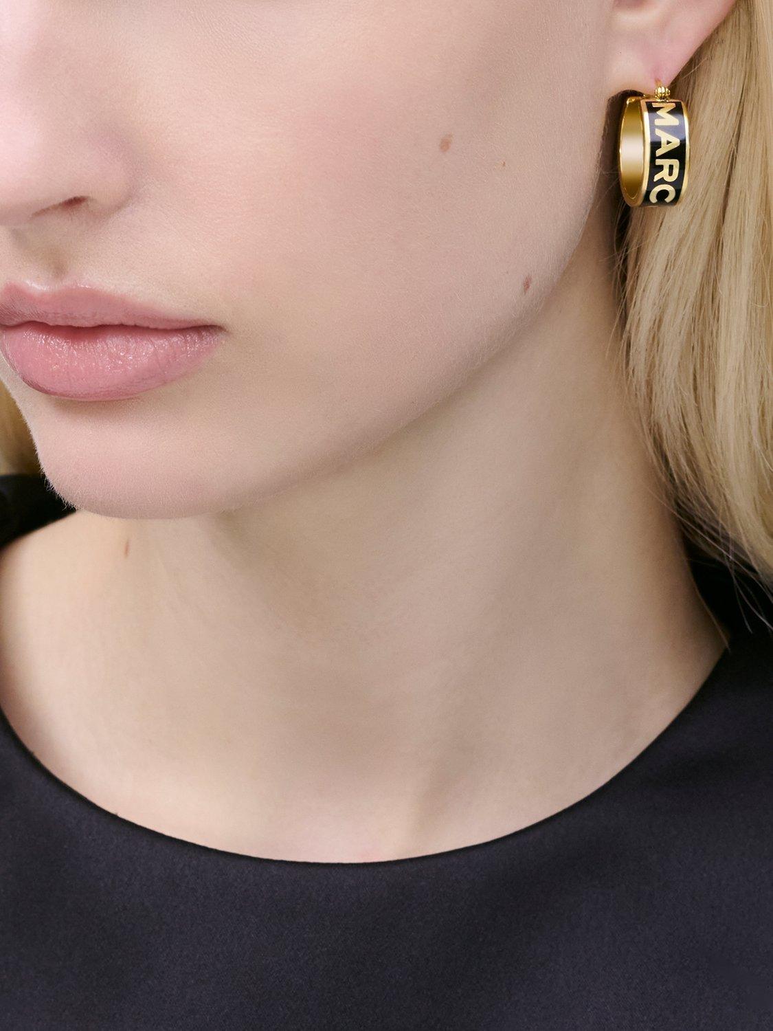 Product image 2 of 4, which shows Marc Jacobs Enamel Logo Hoop Earrings, Gold/Black