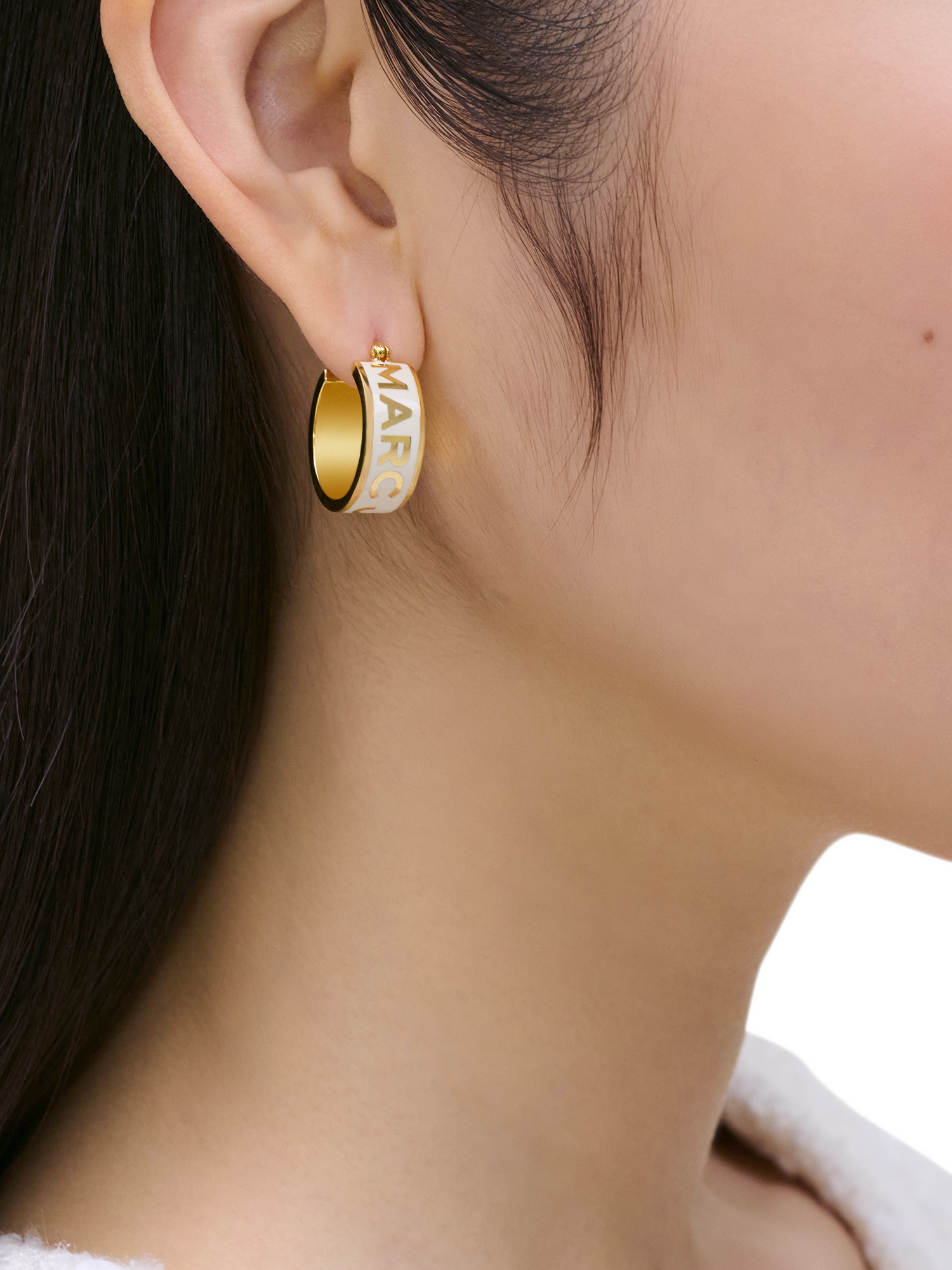 Product image 2 of 4, which shows Marc Jacobs Enamel Logo Hoop Earrings, Gold/Cream