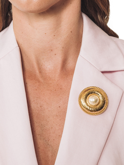 Eclectica Pre-Loved Refound Pearl Cabochon Brooch with Rope Detail, Dated Circa 1980s - view 2, Gold