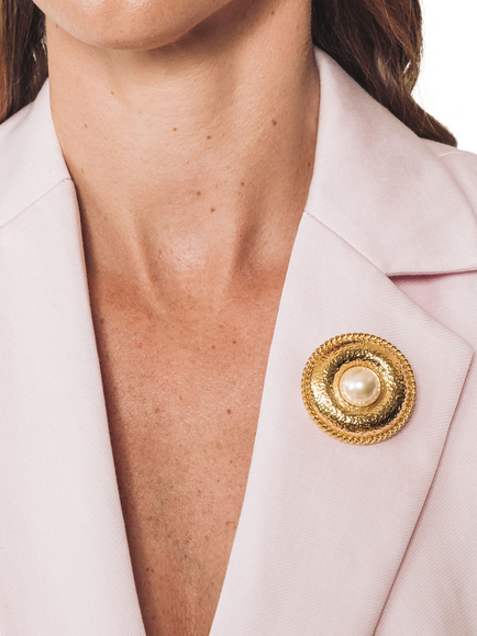 Eclectica Pre-Loved Refound Pearl Cabochon Brooch with Rope Detail, Dated Circa 1980s - view 2, Gold