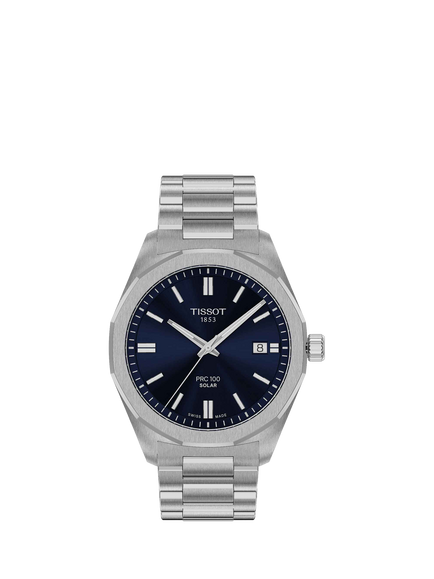 Tissot T1514221104100 PRC100 Solar Men's Bracelet Strap Watch, Black/Silver, Blue
