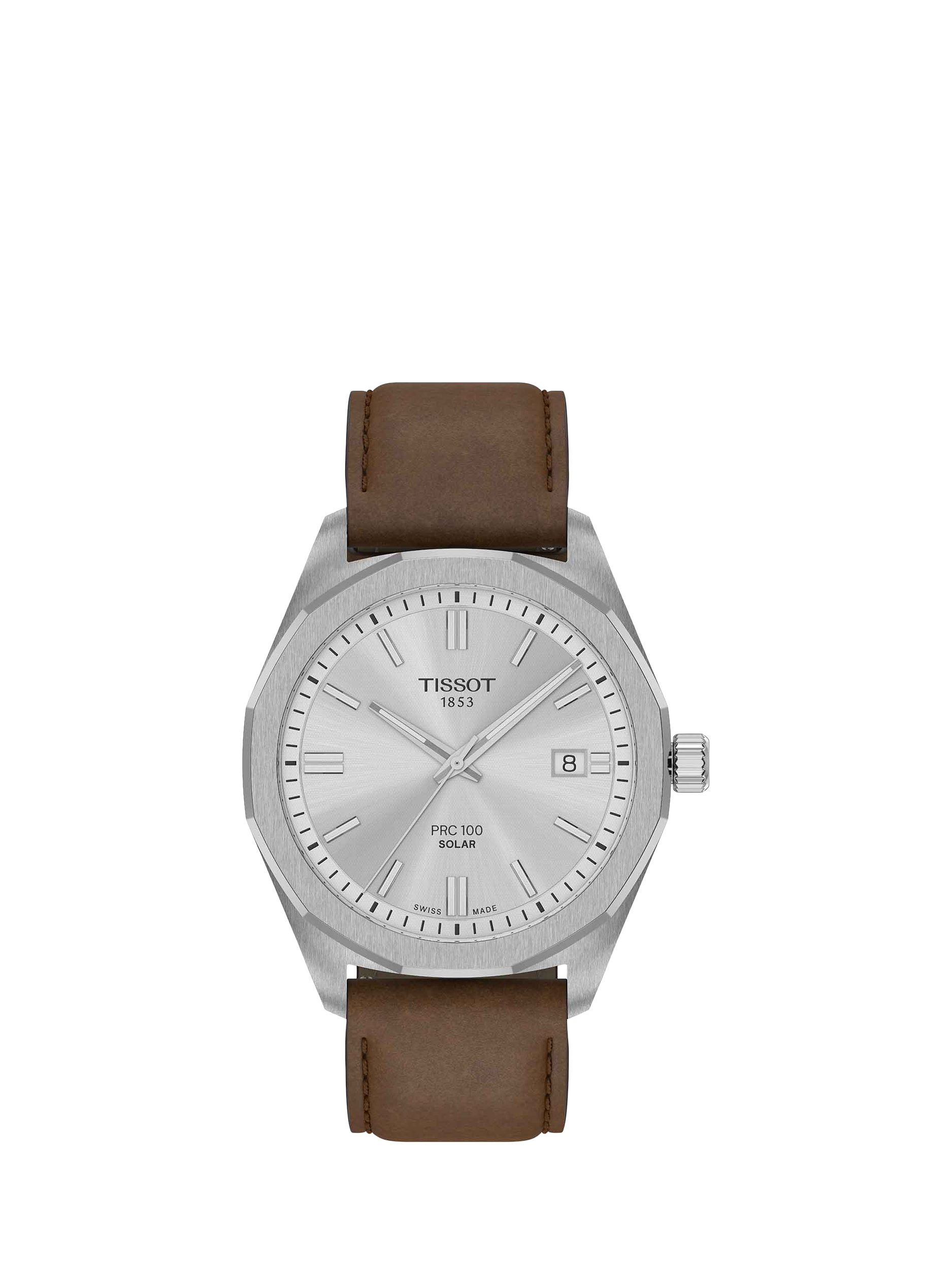 Product image 1 of 5, which shows Tissot T1514221603100 PRC100 Solar Men's Leather Strap Watch, Silver
