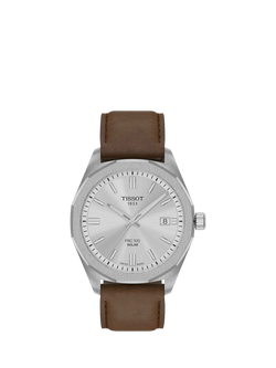 Tissot T1514221603100 PRC100 Solar Men's Leather Strap Watch, Silver, Silver