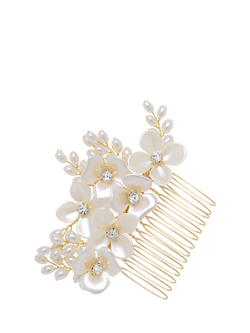 Jon Richard Floral And Crystal Hair Comb, White/Gold, Gold