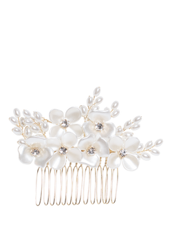 Jon Richard Floral And Crystal Hair Comb, White/Gold - view 2, Gold