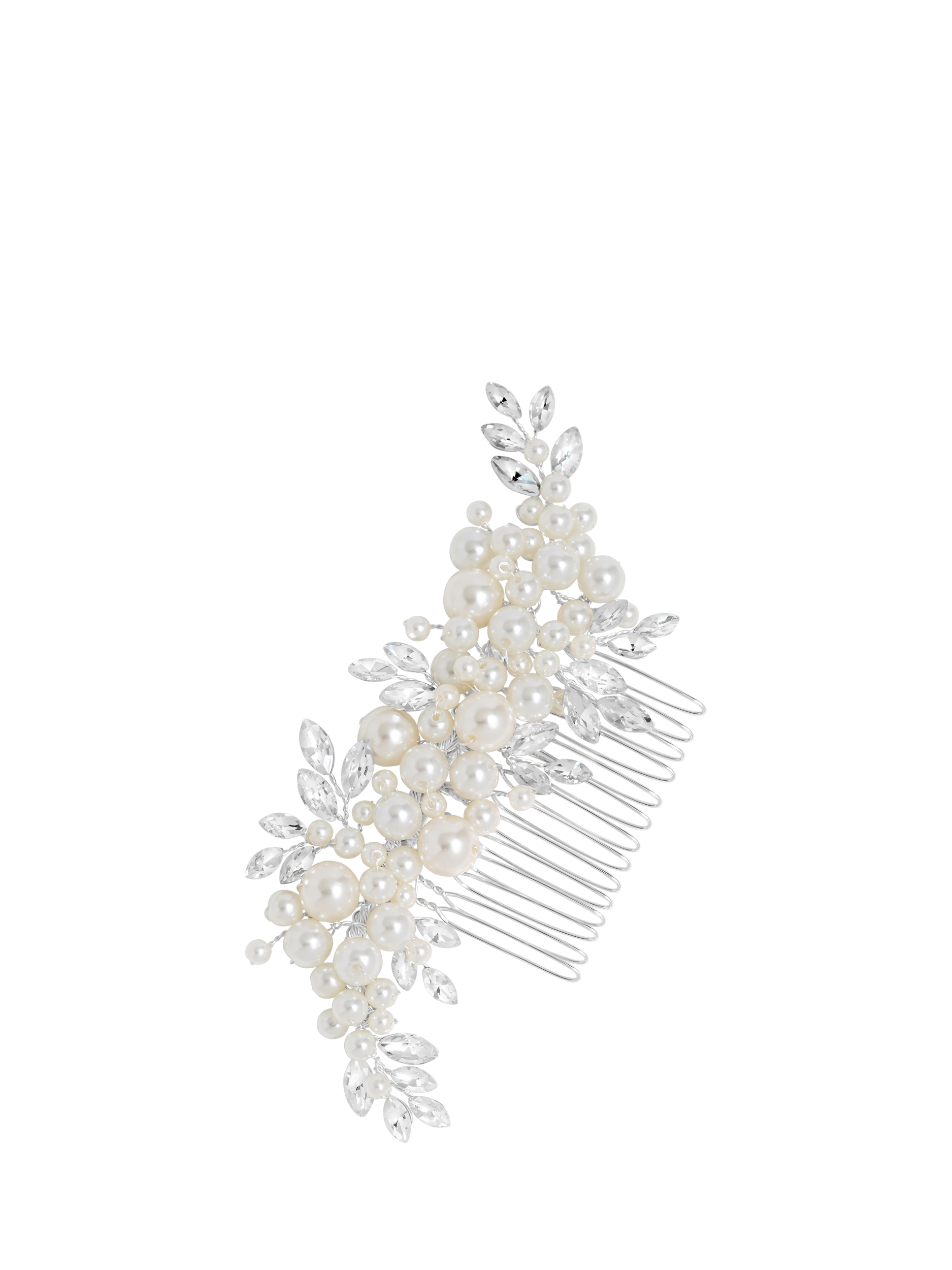 Product image 1 of 3, which shows Jon Richard Pearl and Leaf Hair Comb, Silver