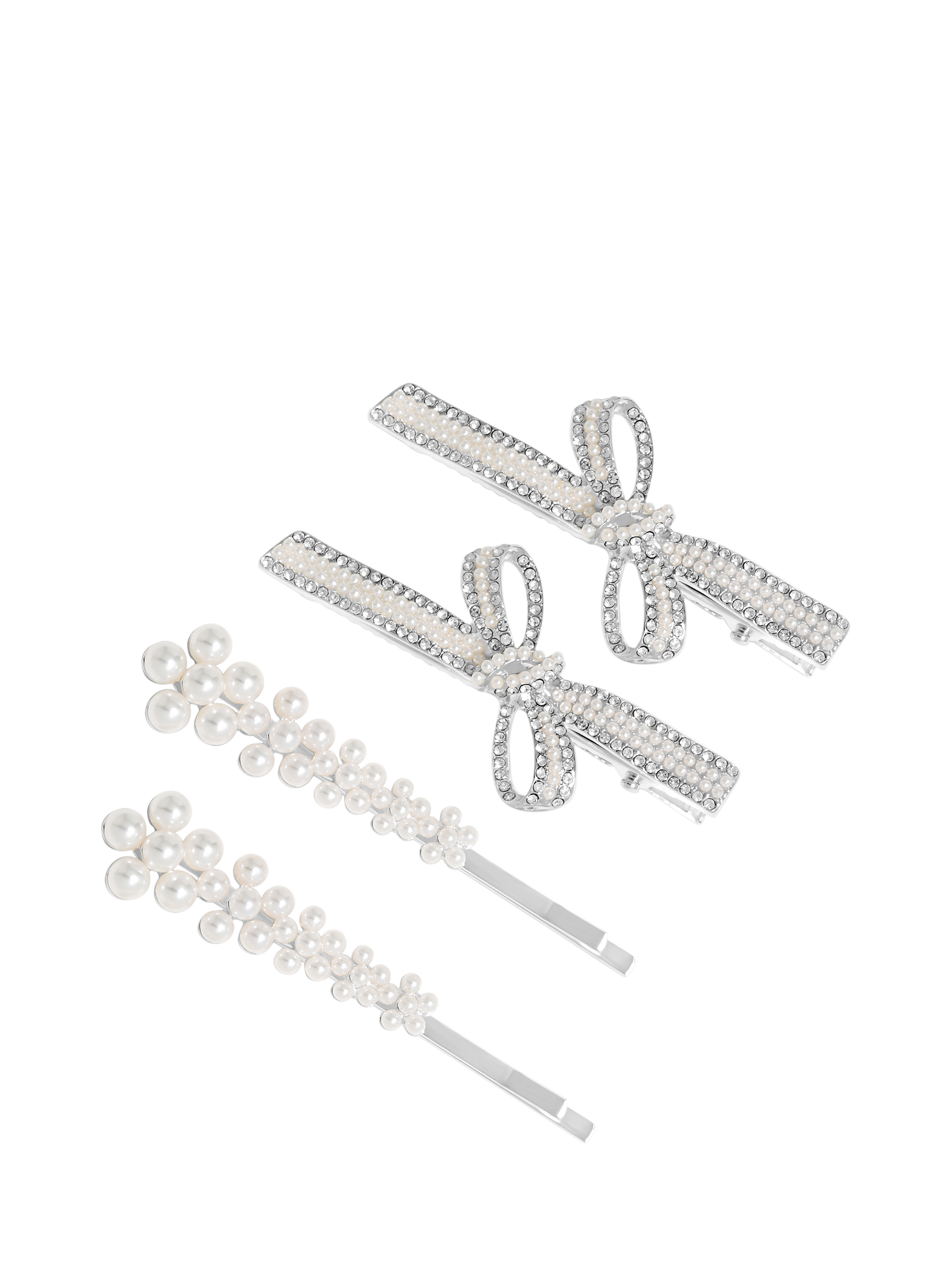 Product image 1 of 2, which shows Jon Richard Pearl Bow and Floral Hair Slides, Set of 4, Silver