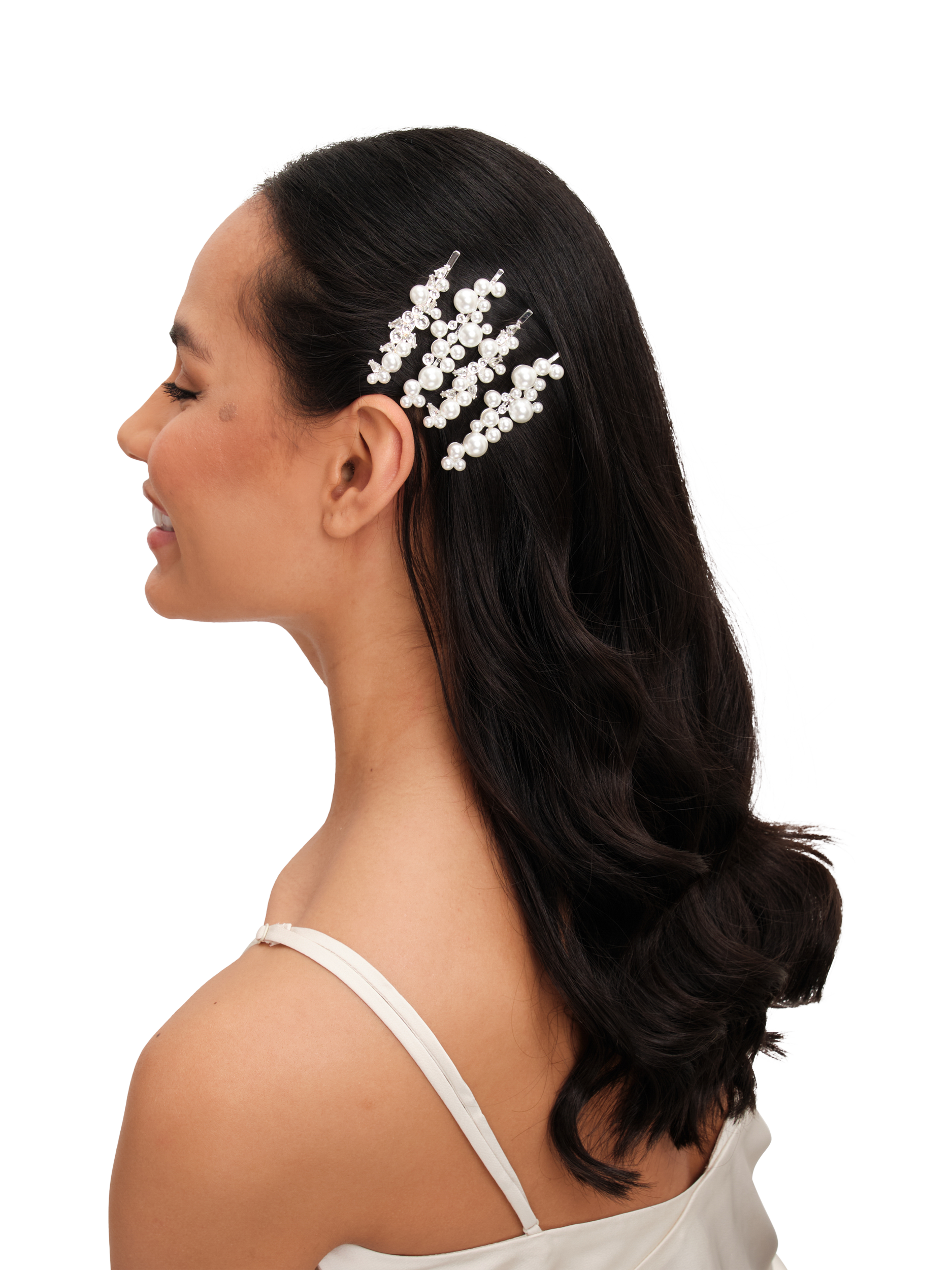 Product image 2 of 2, which shows Jon Richard Pearl Bow and Floral Hair Slides, Set of 4, Silver