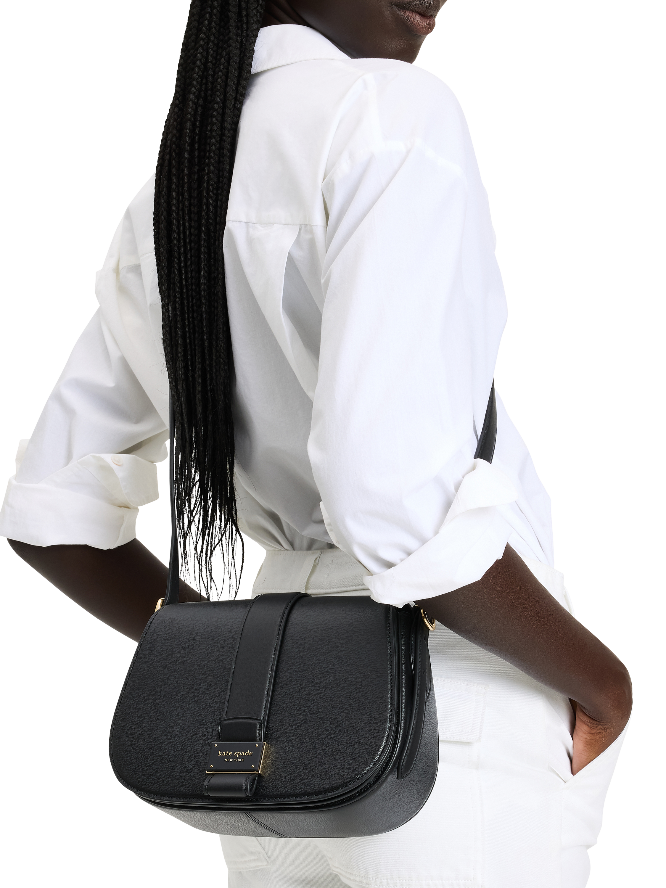 Product image 4 of 4, which shows kate spade new york Nouveau Crossbody Leather Saddle Bag, Black