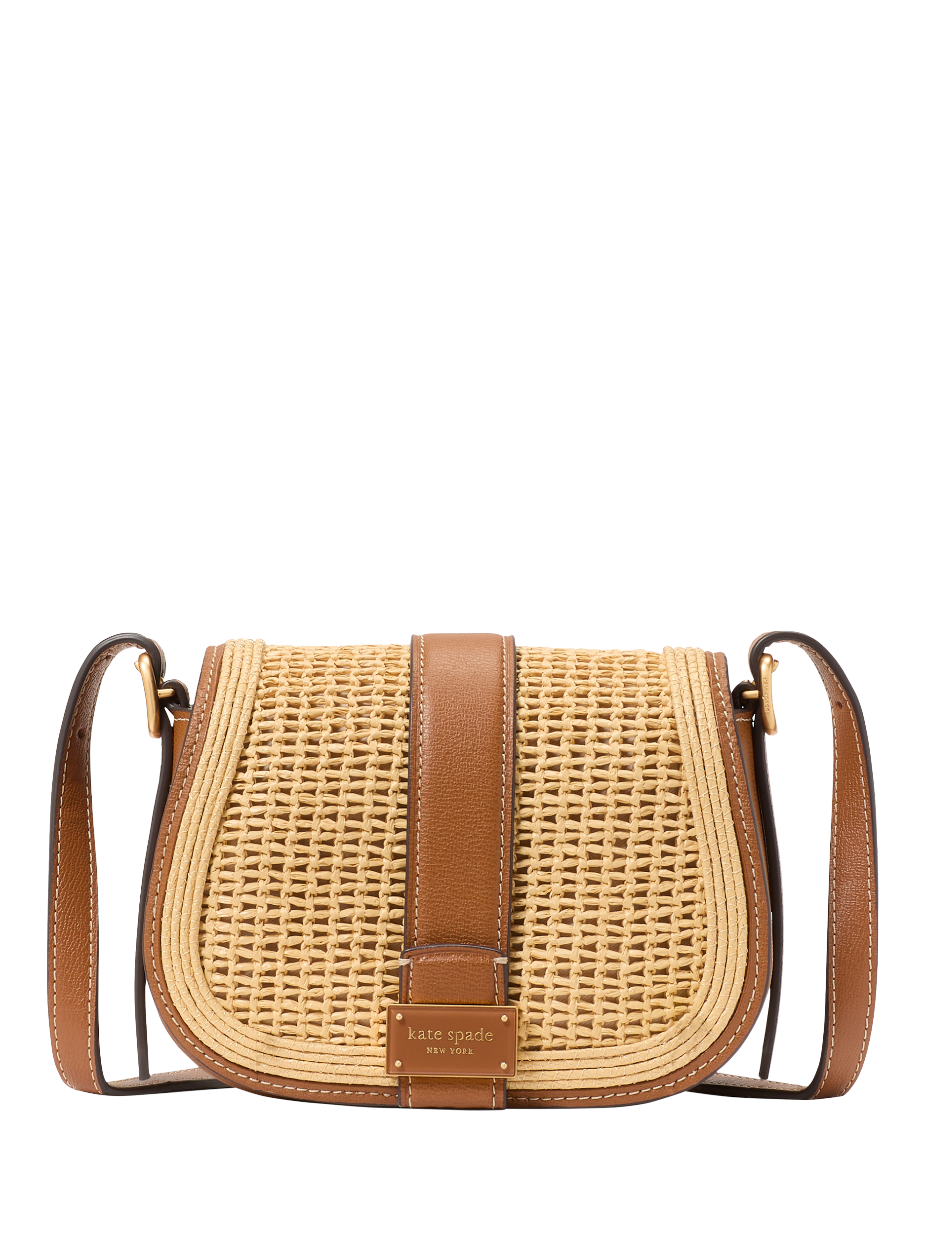 Product image 1 of 5, which shows kate spade new york Nouveau Leather Raffia Mini Saddle Bag, Brown/Multi