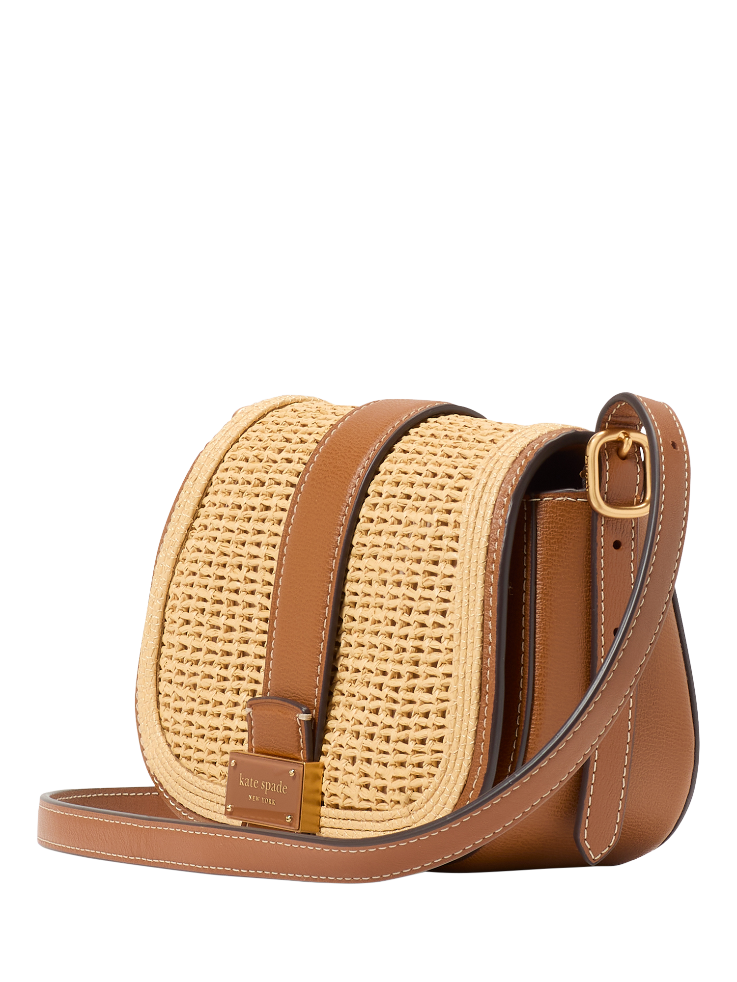 Product image 5 of 5, which shows kate spade new york Nouveau Leather Raffia Mini Saddle Bag, Brown/Multi