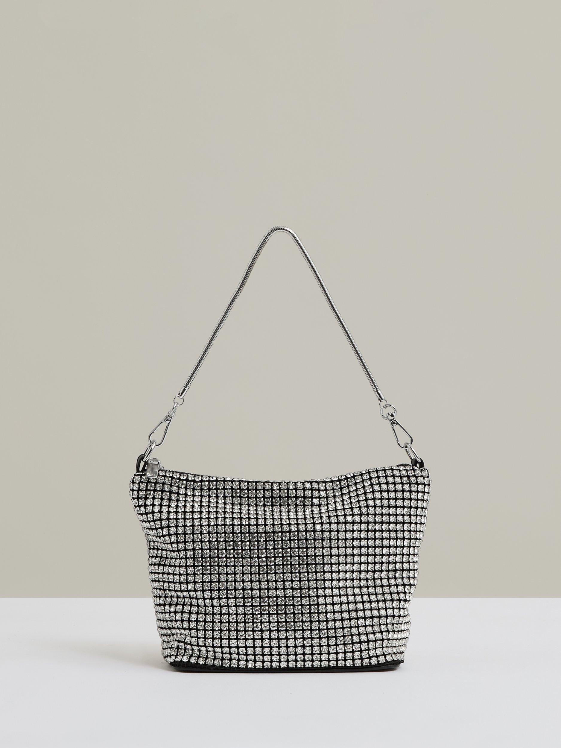 Product image 1 of 5, which shows Reiss Leah Crystal Bracelet Pouch Bag, Silver