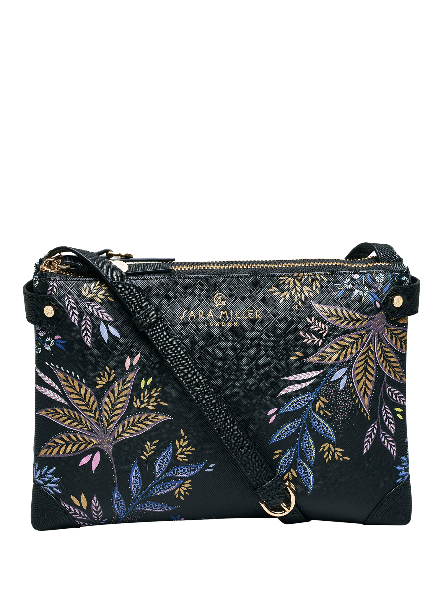 Product image 1 of 4, which shows Sara Miller Black Botanic Zipped Crossbody Bag, Black/Multi