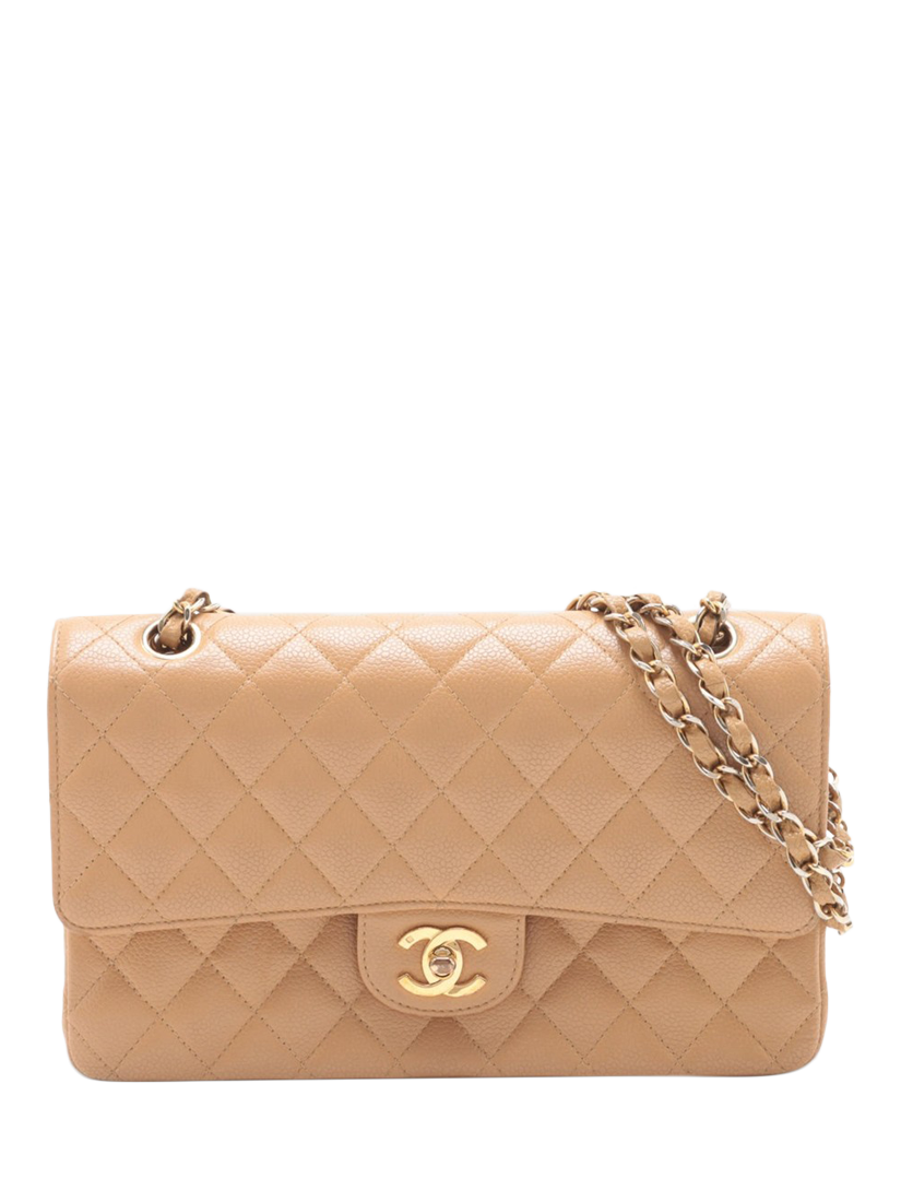 Product image 1 of 10, which shows Pre-loved CHANEL Vintage 2003 Medium Caviar Leather Classic Double Flap Shoulder Bag, Beige