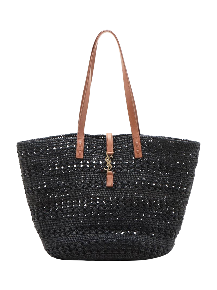Pre-loved SAINT LAURENT Paris Panier Raffia and Leather Tote Bag, Black