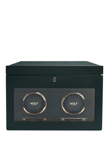 WOLF British Racing Vegan Leather 2 Module Watch Winder With Storage, Green