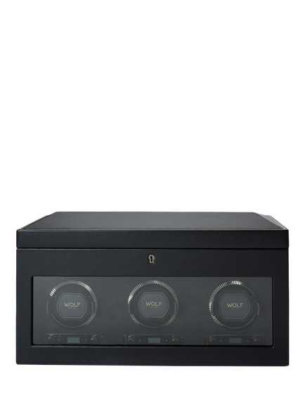 WOLF British Racing Vegan Leather 3 Module Watch Winder With Storage, Black