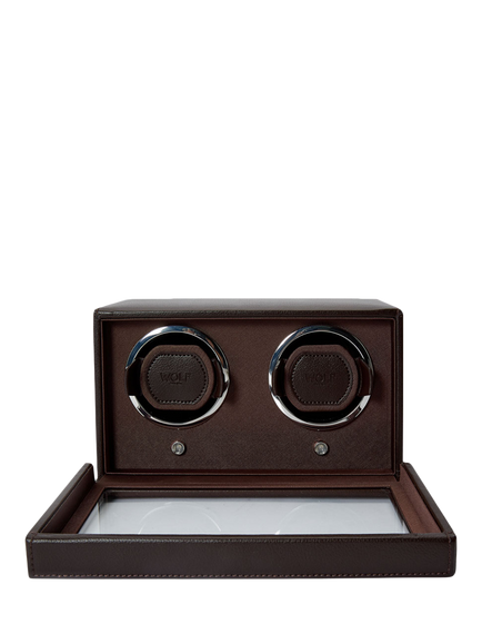 WOLF Cub Vegan Leather 2 Module Watch Winder With Cover - view 2, Brown