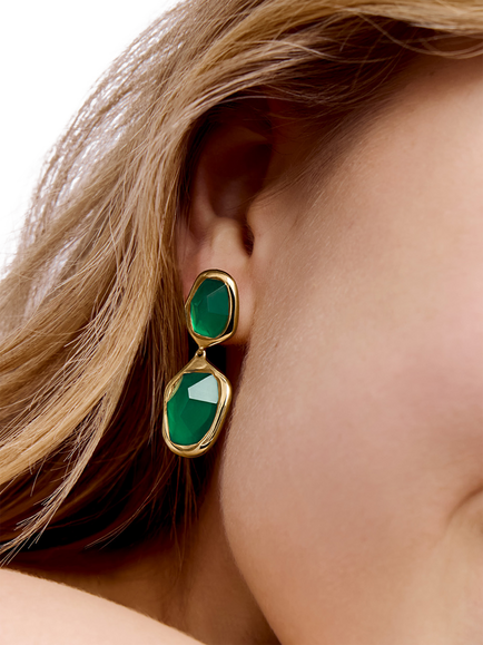 Monica Vinader Odyssey Double Drop Earrings, Green Onyx/Gold - view 2, Gold/Green