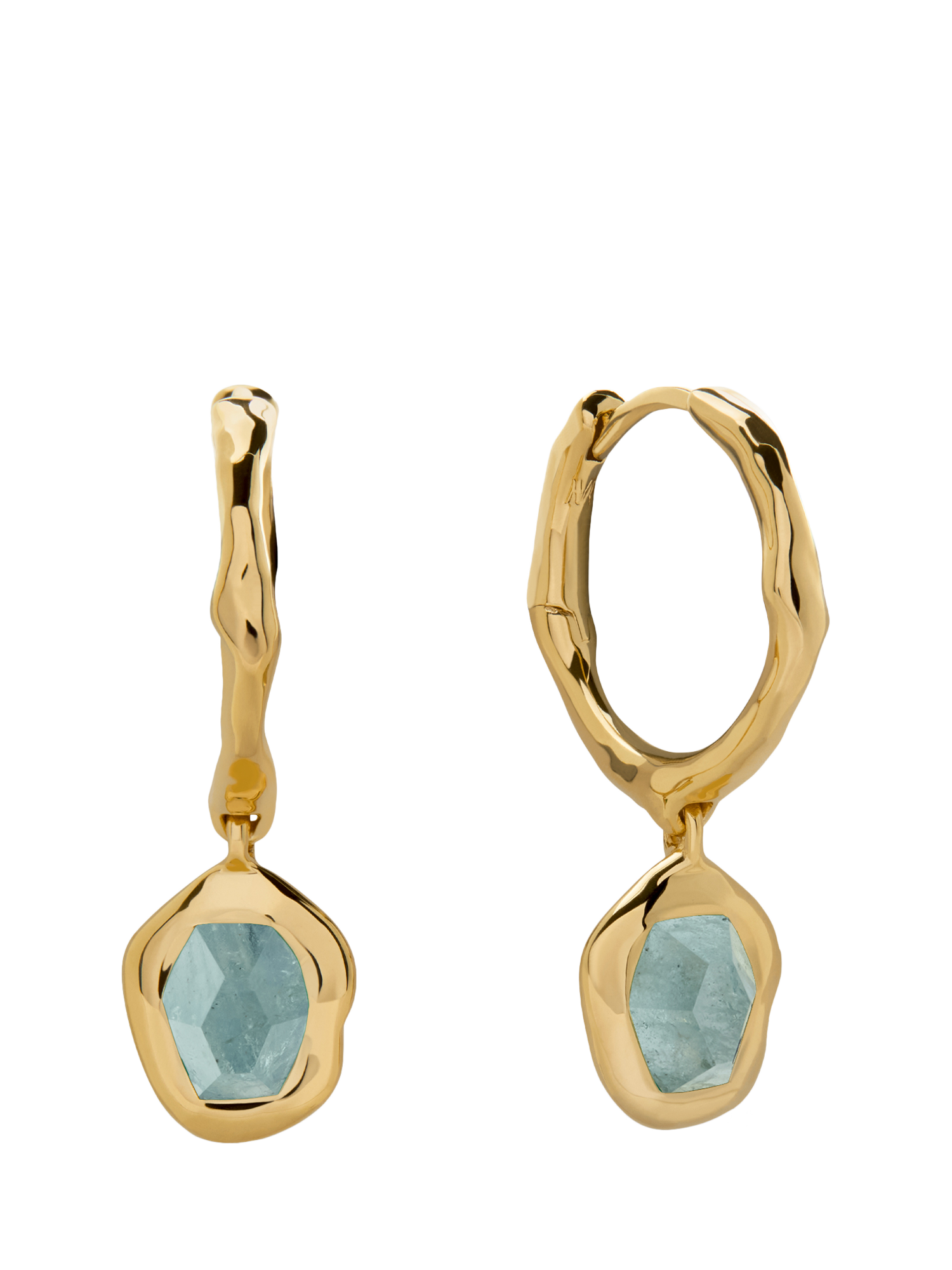 Product image 1 of 4, which shows Monica Vinader Odyssey Huggie Earrings, Gold/Aquamarine