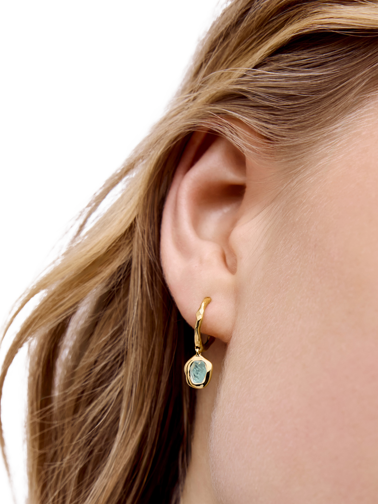 Product image 2 of 4, which shows Monica Vinader Odyssey Huggie Earrings, Gold/Aquamarine