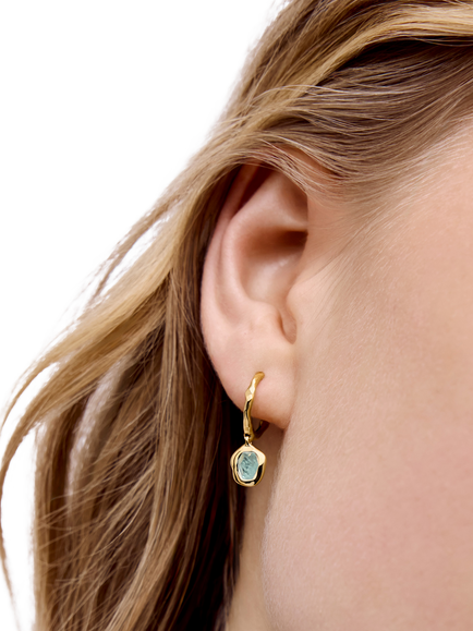 Monica Vinader Odyssey Huggie Earrings - view 2, Gold/Aquamarine