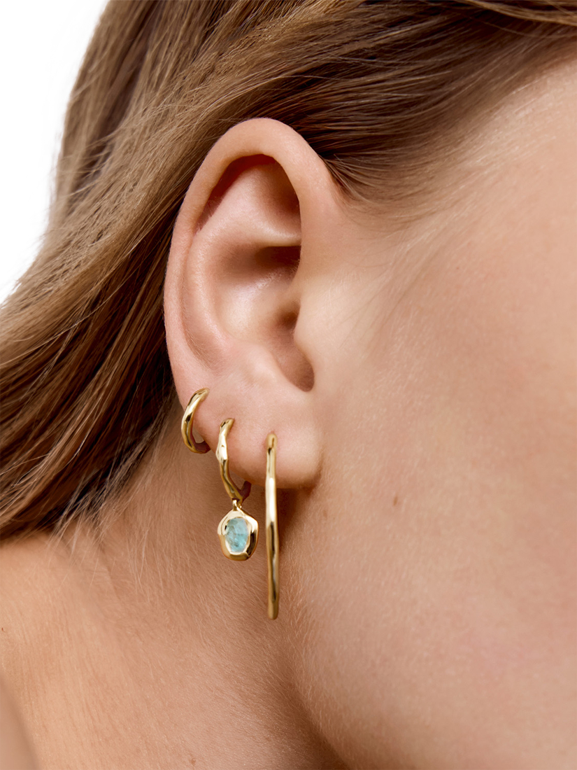 Product image 4 of 4, which shows Monica Vinader Odyssey Huggie Earrings, Gold/Aquamarine
