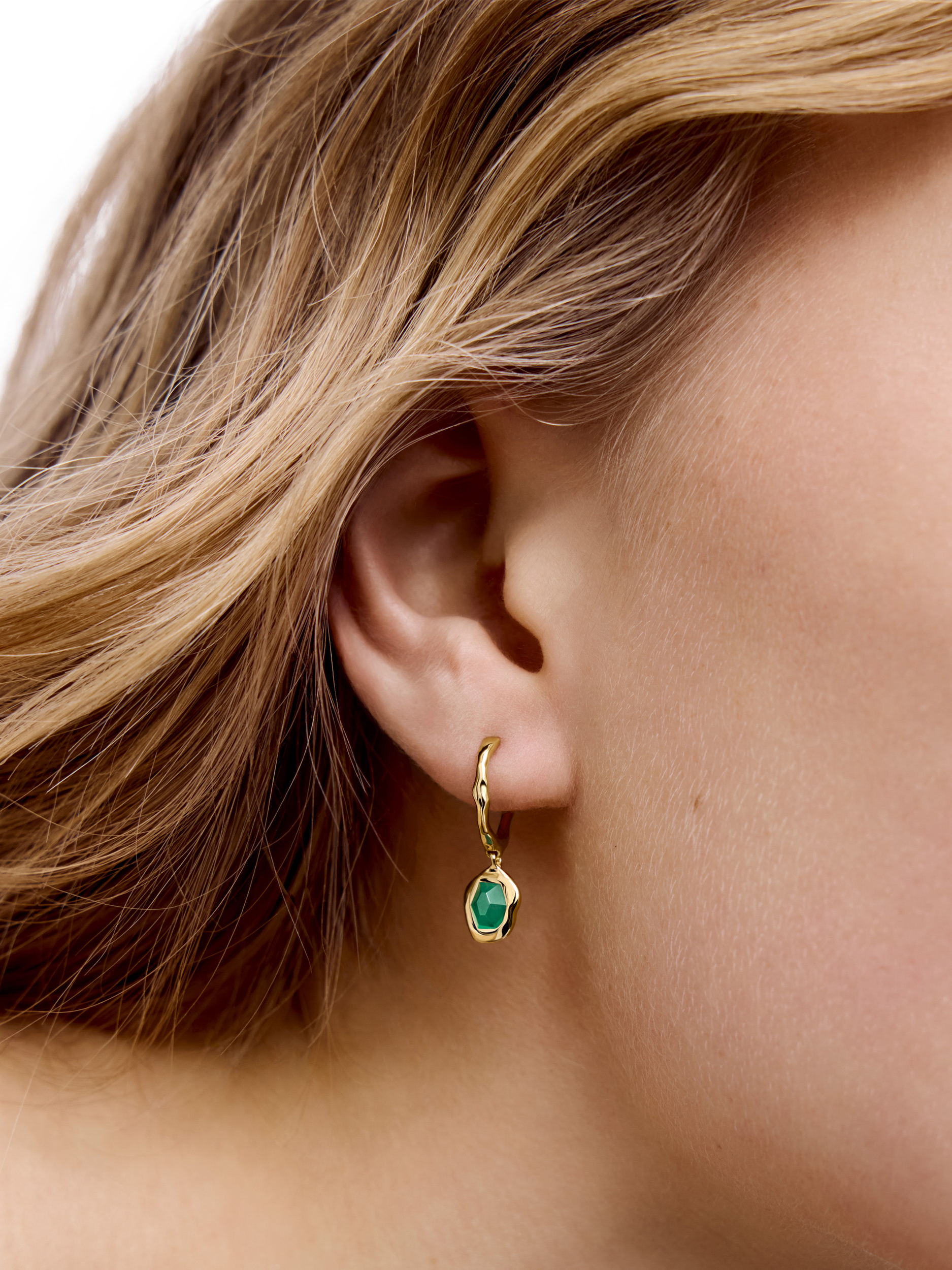 Product image 2 of 4, which shows Monica Vinader Odyssey Huggies, Gold/Green Onyx