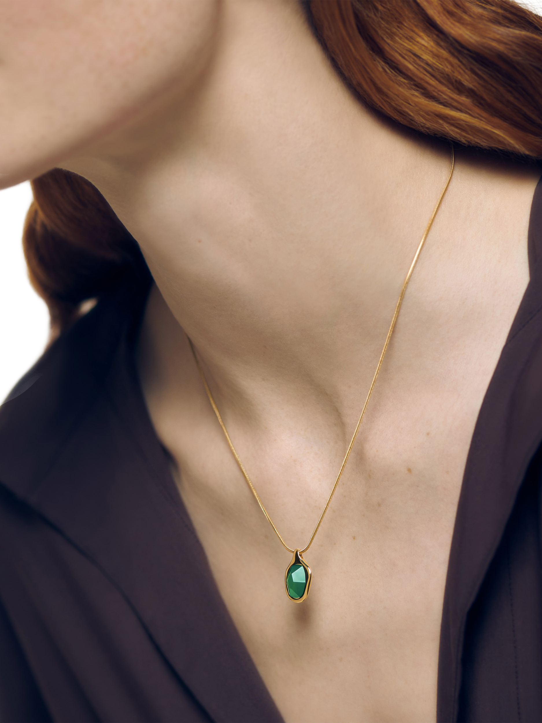 Product image 2 of 5, which shows Monica Vinader Odyssey Gemstone Snake Chain Necklace, Green Onyx/Gold