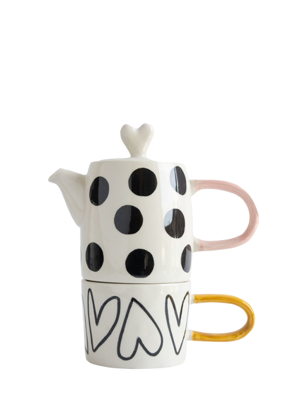Caroline Gardner Spot/Heart Teapot & Cup Set, Multi, Multi