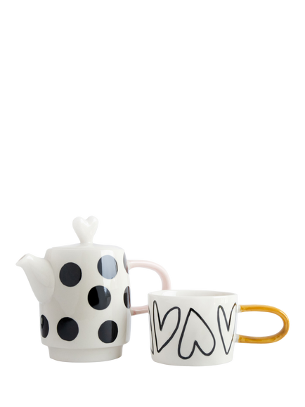 Caroline Gardner Spot/Heart Teapot & Cup Set, Multi - view 2, Multi
