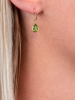 E.W Adams 9ct Yellow Gold Peridot Pear Drop Earrings - view 2, Gold/Green