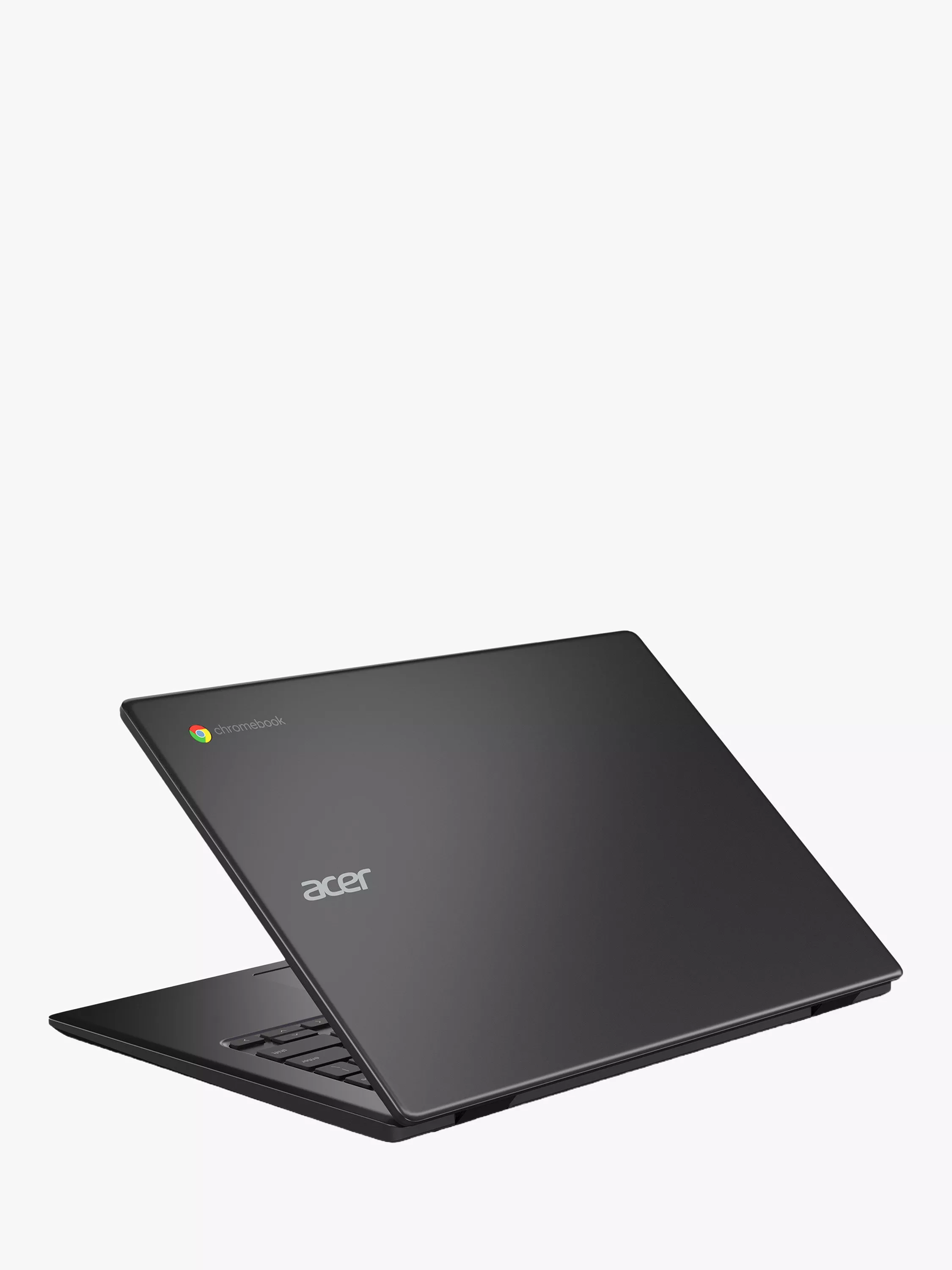 Acer Chromebook laptop in black, rear angled view on white background, sleek design for school and work