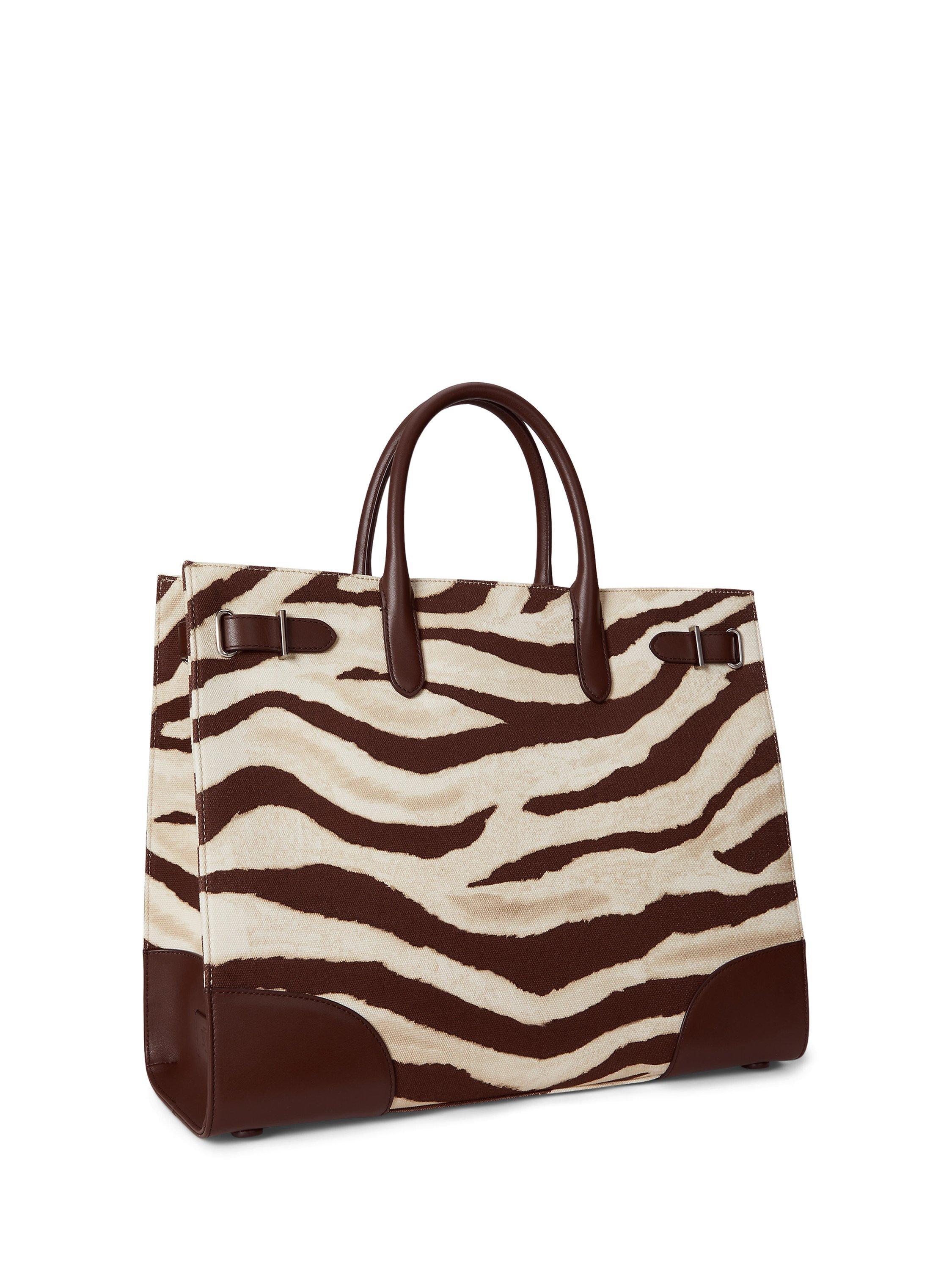 Product image 3 of 5, which shows Ralph Lauren Devyn Zebra Print Tote Bag, Zebra/Drk Hckry